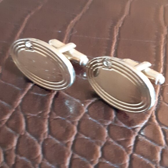 Vintage Silver Tone Oval Cuff Links with Rhinestones 1950s or 60s - Picture 6 of 6